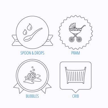 Çocuk arabası taşıma, kaşık ve damla simgeler.