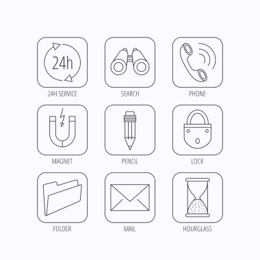 Telefon görüşmesi, kalem ve posta simgeleri.