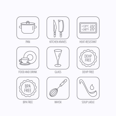 Mutfak bıçakları, cam ve pan simgeleri.