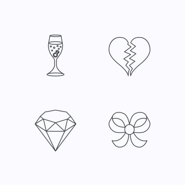 Kırık kalp, parlak ve nişan yüzüğü simgeleri.