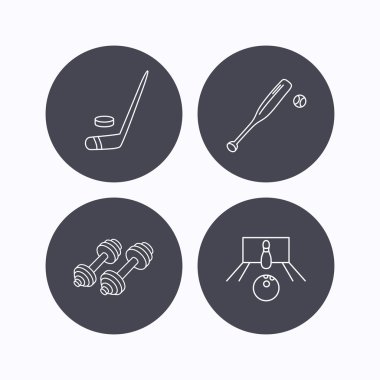 Buz hokeyi, bowling ve beyzbol simgeleri.