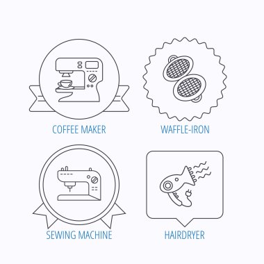 Kahve makinesi, dikiş makinesi ve saç kurutma makinesi simgeler.