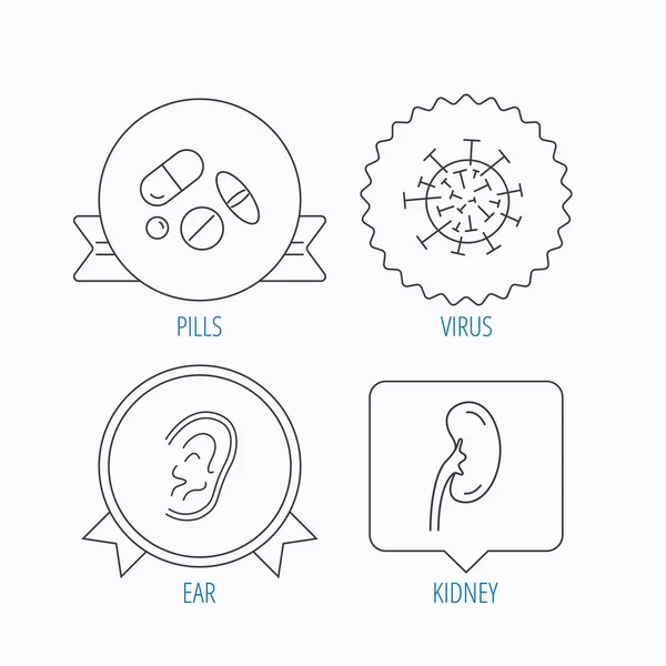 Medical pills, virus and ear icons. — Stock Vector