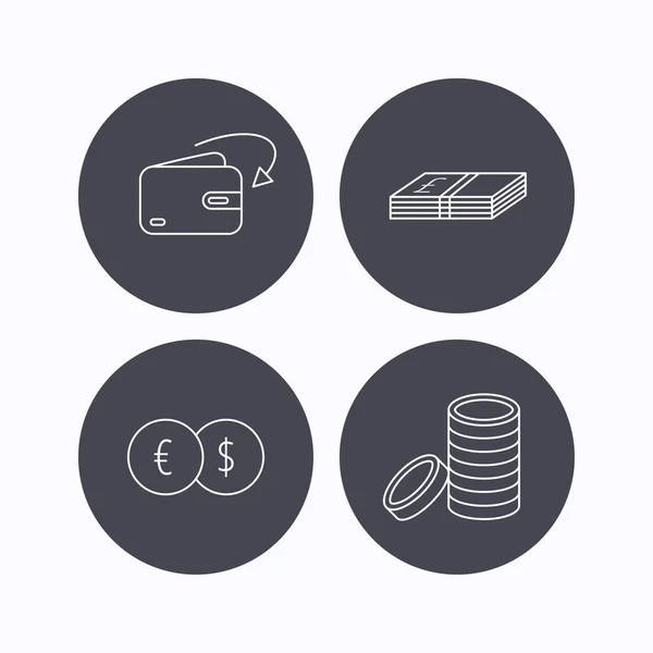 Cambio de divisas, dinero en efectivo y monedas iconos . — Vector de stock