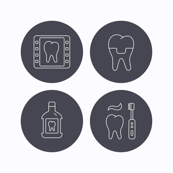 Dental crown, x-ray and brushing teeth icons. — Stock Vector