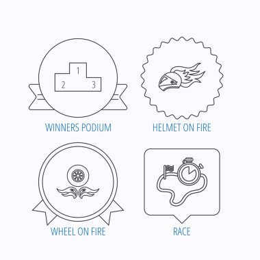 Kazanan podyum, yarış zamanlayıcı ve tekerlek üzerinde ateş.