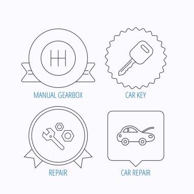 Araba anahtarı, onarım araçları ve manuel şanzıman simgeler.