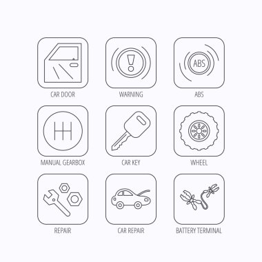 Araba anahtarı, onarım araçları ve manuel şanzıman simgeler.