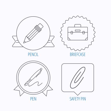 Evrak çantası, kalem ve çengelli iğne simgeleri.