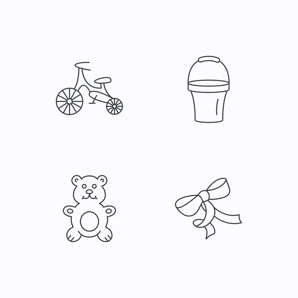 Eerste fiets, emmer en bear speelgoed pictogrammen. — Stockvector