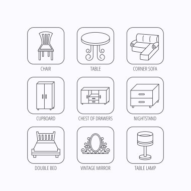 Köşe kanepe, masa ve dolap simgeler.