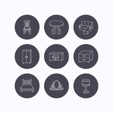 Köşe kanepe, masa ve dolap simgeler.