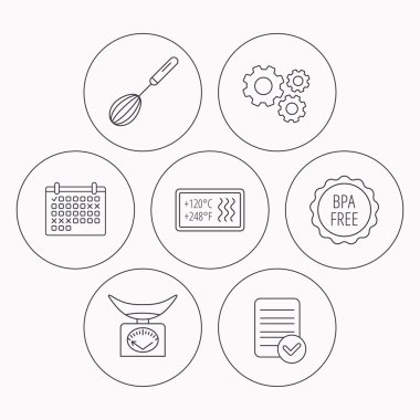 Mutfak ölçekler, çırpma teli ve ısıya dayanıklı simgeler.