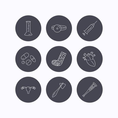 Şırınga, kabı ve hapları simgeler. Tıbbi işaretleri.