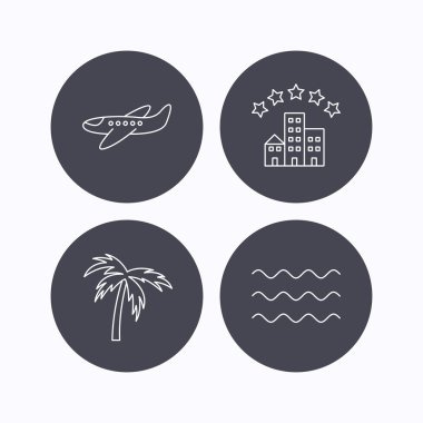 Uçak, dalgalar ve palmiye ağacı simgeleri.