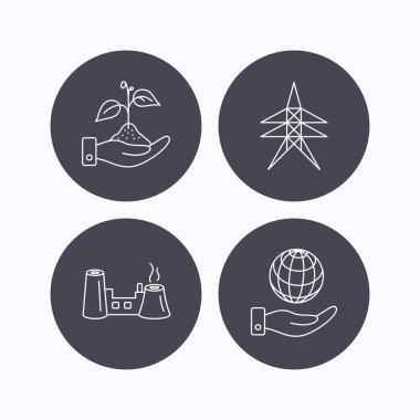 Doğa, gezegen ve fabrika simgeleri kaydedin. Elektrik istasyonu.