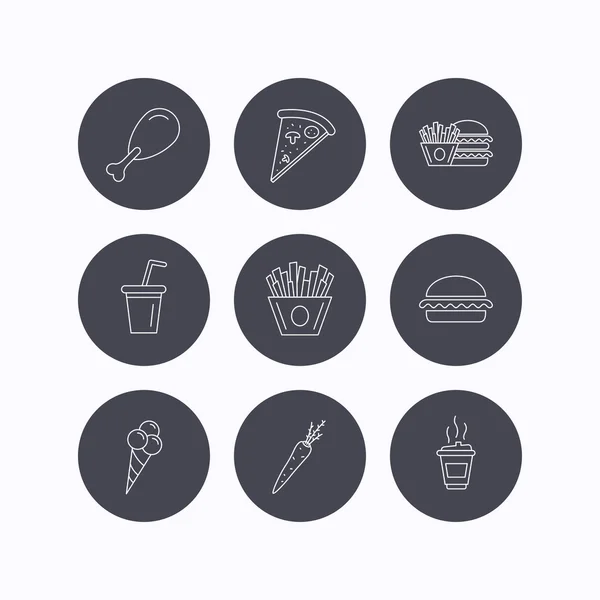 Burger végétarien, pizza et boissons gazeuses icônes . — Image vectorielle