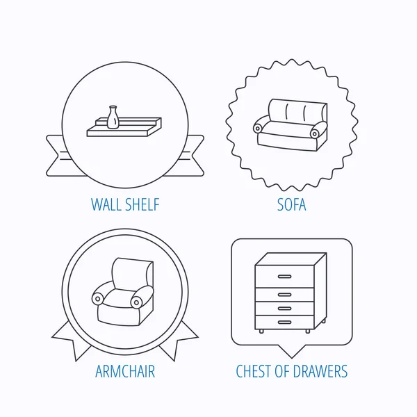Ícones de sofá, prateleira de parede e poltrona . —  Vetores de Stock