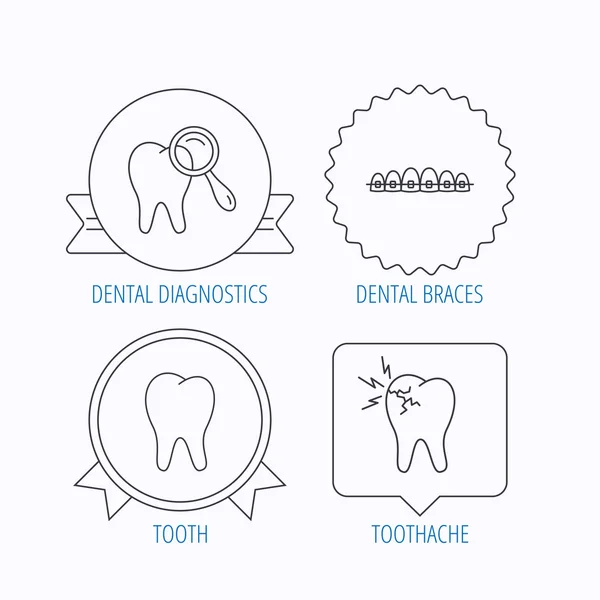 Dientes, frenos dentales e iconos de dolor de muelas . — Vector de stock