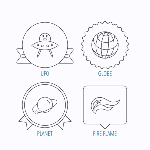 Ufo, planet and fire flame icons. — Stock Vector