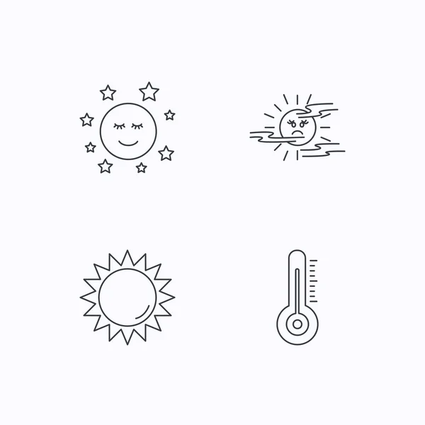 Termometr, słońce i mgły ikony. Księżyc noc. — Wektor stockowy