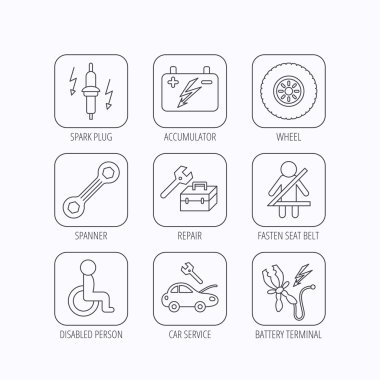 Akümülatör, spanner aracı ve araba servisi simgeleri.
