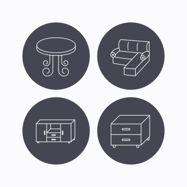 Köşe kanepe, masa ve komidin simgeler.