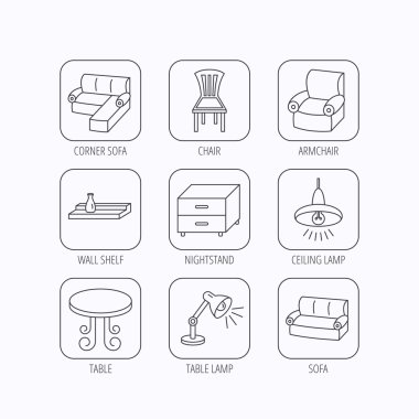 Köşe kanepe, masa ve koltuk simgeler.