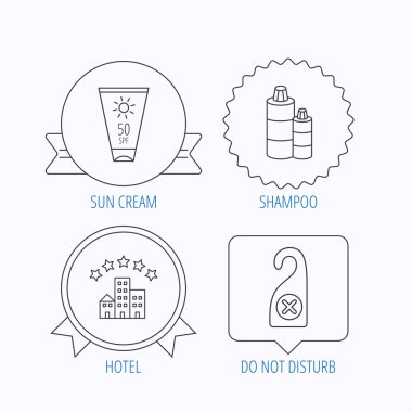 Simgeler otel, şampuan ve güneş kremi.