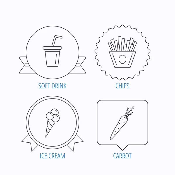Patatas fritas, helados e iconos de refrescos . — Vector de stock