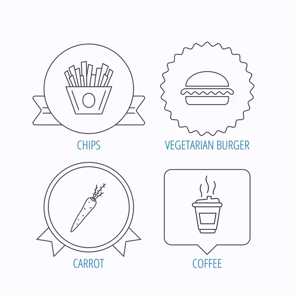 Hamburguesa vegetariana, papas fritas e iconos del café . — Vector de stock