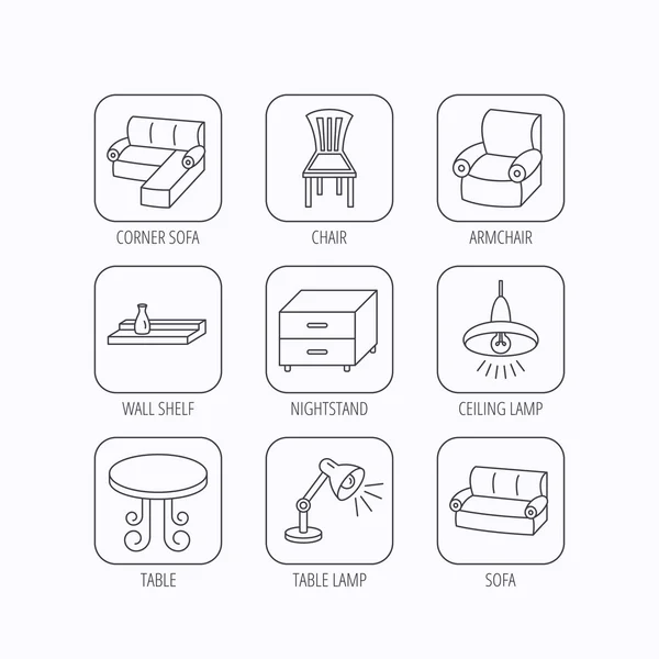 Ícones de sofá, mesa e poltrona de canto . —  Vetores de Stock