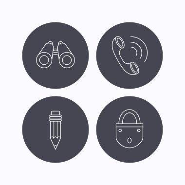 Telefon görüşmesi, kalem ve arama simgeleri.