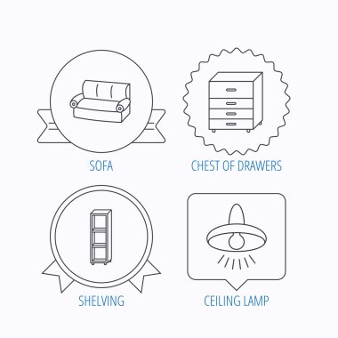 Kanepe, tavan lambası ve raf simgeler.