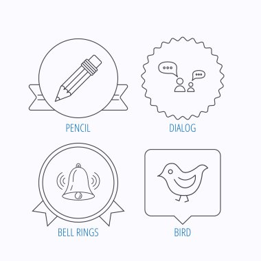 Diyalog, kalem ve kuş simgeler.