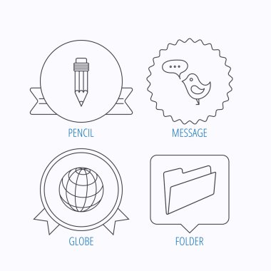 Kalem, mesaj ve dünya küre simgeleri.