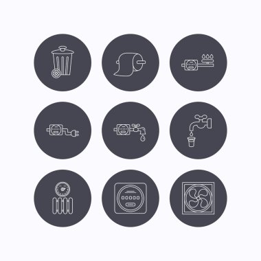 Havalandırma, radyatör ve su sayacı simgeleri.