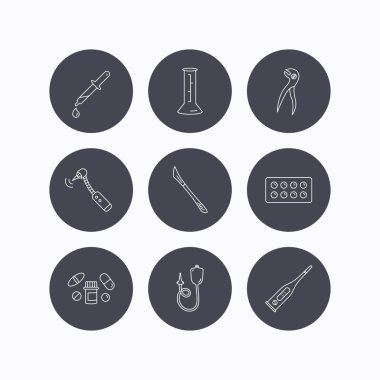 Termometre, hap ve diş pense simgeler.
