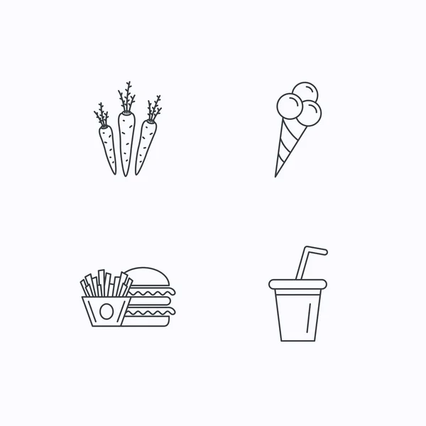 Hamburger, carotte et boissons gazeuses icônes . — Image vectorielle