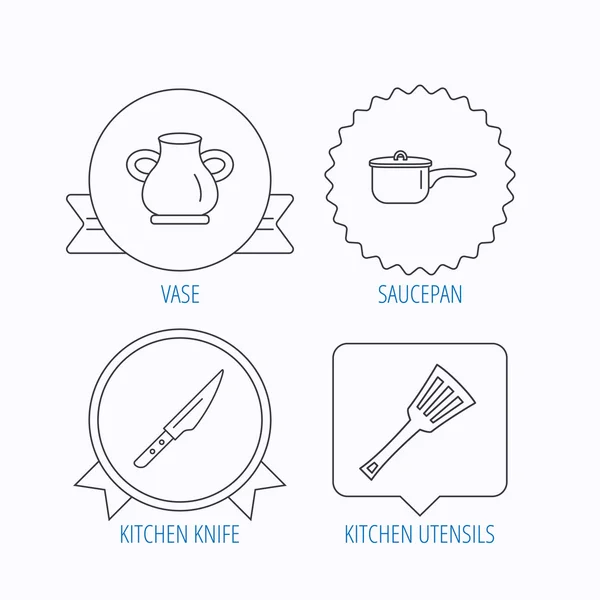 Saucepan, kithcen knife and utensils icons. — Stock Vector