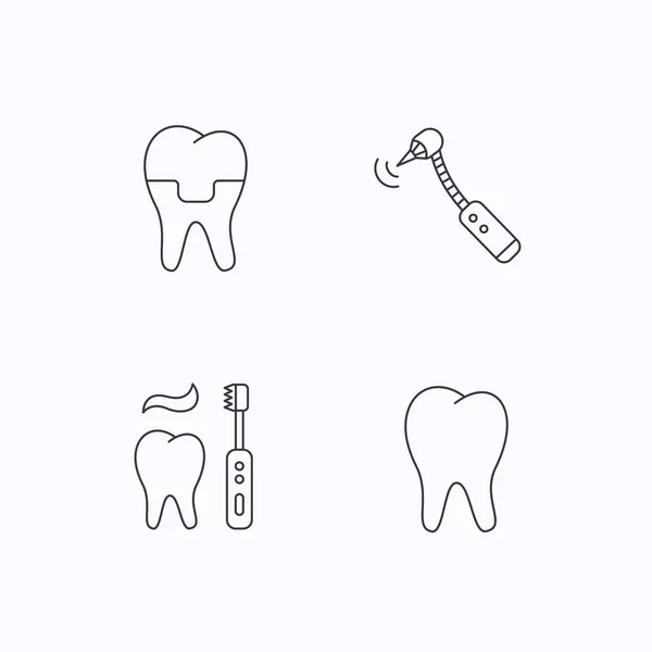 Cepillarse los dientes, dientes y corona dental iconos . — Vector de stock