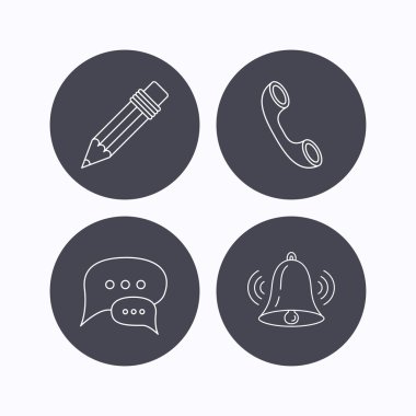 Sohbet konuşma balonları, çan ve kalem simgeleri.