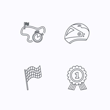 Yarış bayrak, motosiklet kask ve ödül madalya.