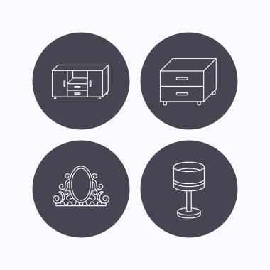 Vintage ayna, Masa lambası ve komidin simgeleri.