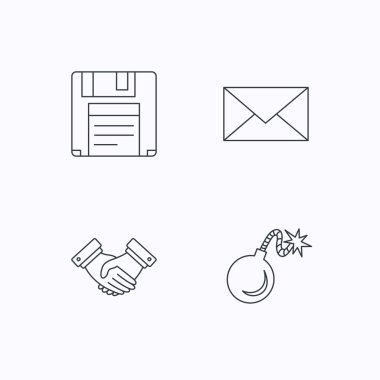 Posta, bomba ve el sıkışma simgeleri.