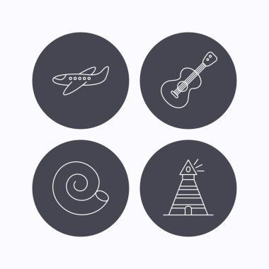 Gitar, uçak ve deniz feneri simgeleri.