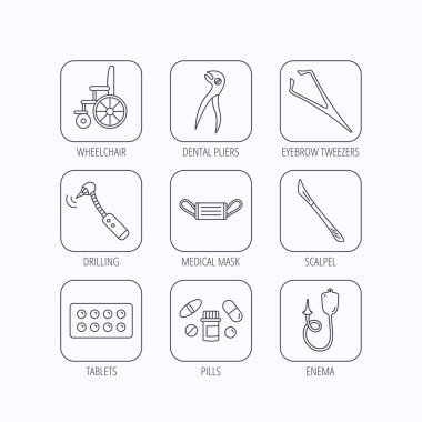 Tıbbi maske, hap ve diş pense simgeler.