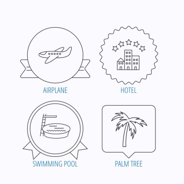 Yüzme Havuzu, uçak ve palmiye ağacı simgeleri.