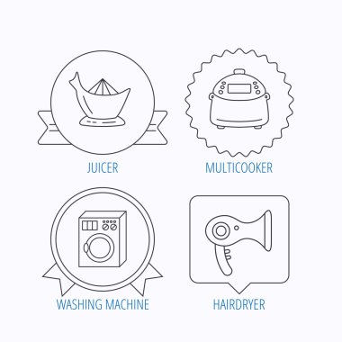 Makine, multicooker ve saç kurutma makinesi simgeleri yıkama.