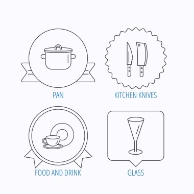 Mutfak bıçakları, cam ve pan simgeleri.